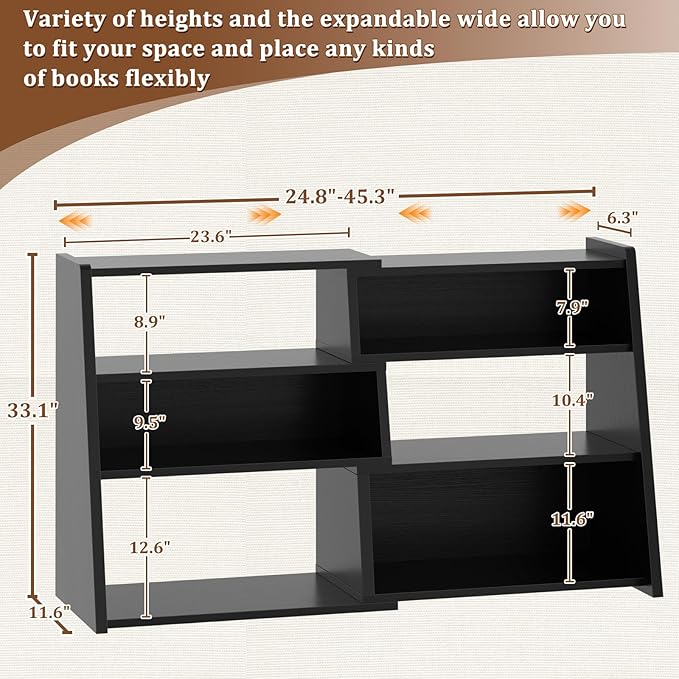 Armocity Expandable Bookshelf, Short Corner Bookshelf for Small Spaces, Small Ladder Book Shelf, Extendable Wood Narrow Bookcase for Living Room, Bedroom, 4 Tier, Black