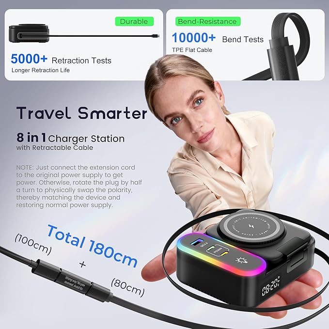 65W 8-in-1 Charging Station, 15W Magnetic Wireless Charger with Retractable Cable, 30W USB C Fast Charging Stand for iPad, Multiple Devices for iPhone 17 16 15 14 13 12 Pro Max Apple Watch Airpods