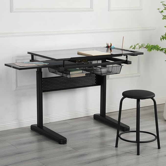 Adjustable Drawing Table for Artists | Drafting Desk with Tilted Glass Top | Art & Craft Table for Adults (Black, Premium Solid Limited Edition-29.52''- 41.33'' H)