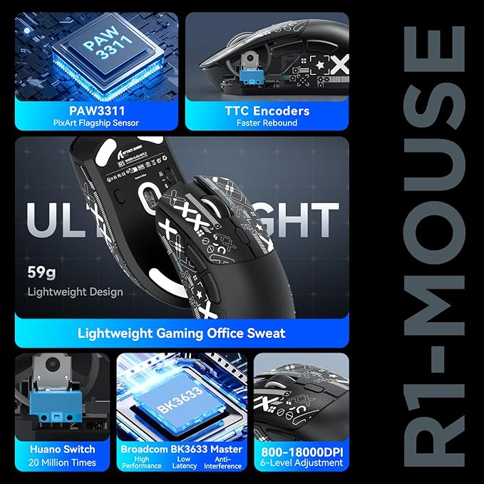 MAMBASNAKE Attack Shark R1 Wireless Gaming Mouse,PAW3311 Optical Sensor 18K DPI,59g Ultralight 2.4Ghz/BT/Wired Computer Mice for Win/Mac-Black&Tape