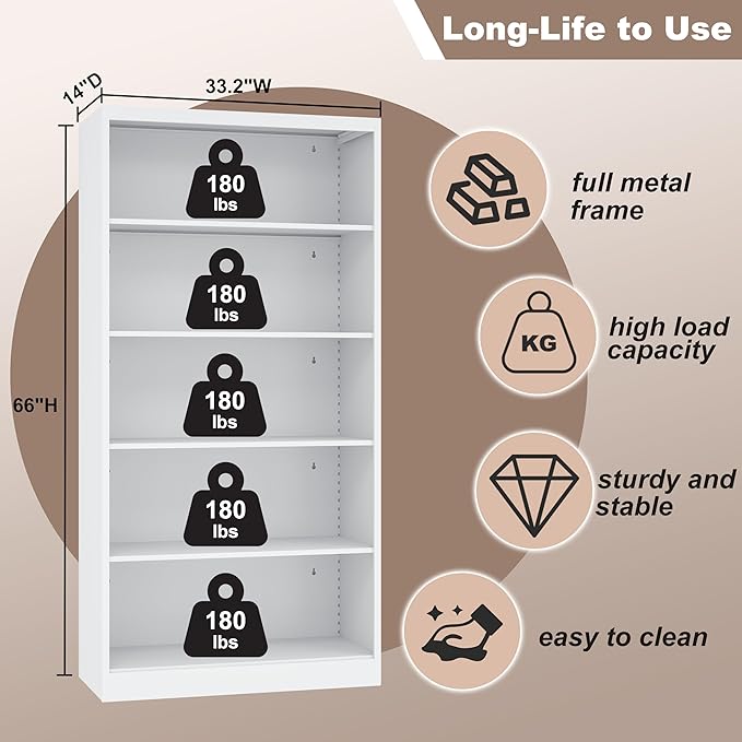Metal Bookcase and Bookshelf, 66 in Tall Heavy Duty Bookshelf with 4 Adjustable Storage Shelves, Large Deep Bookcase for Home, Library, Office, Bedroom, School, White