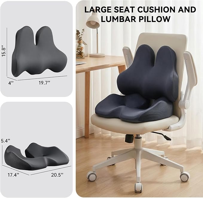 Seat Cushion Lumbar Support Pillow Set for Tailbone & Sciatica Pain Relief, Chair Cushions Back Support with Ergonomic Design Memory Foam XLarge Coccyx Pad for Car, Office, Desk, Wheelchair