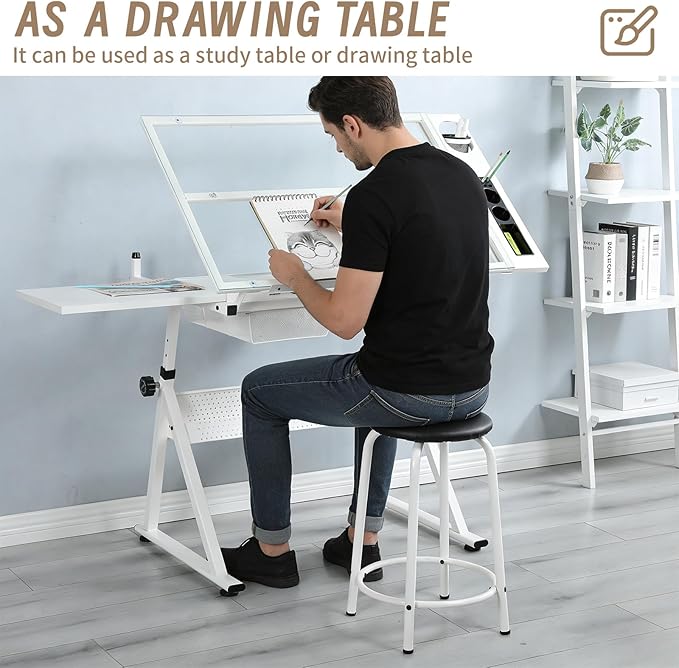 Adjustable Tempered Glass Drafting Table, 0-75° Tilting Art Desk with Multi-Storage Drawers & Trays, Height Adjustable 27.1"-35.8" Drawing Table with Chair, White