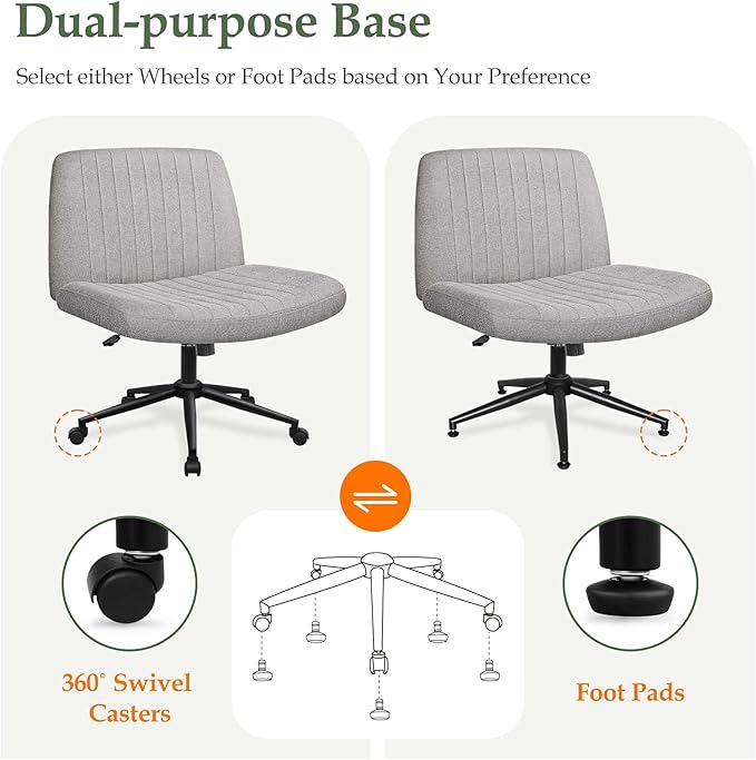 Orange Factory Criss Cross Chair Wheels Wide Cross Legged Office Desk Vanity Dual Base Comfy Fabric Armless Adjustable Swivel for Home Computer Task (Grey Dual Base, Fabric)