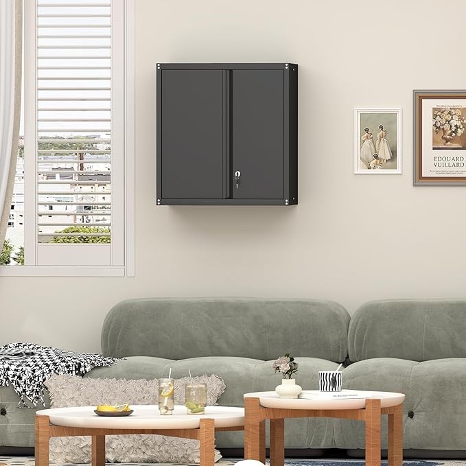 Metal Wall Cabinet, Steel Cabinet Wall Mounted, Lockable Storege Cabinet with Doors and Shelves, Upper Cabinets for Home Office, Pantry, Garage, Black