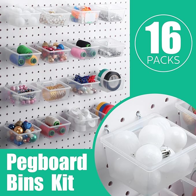 Unittype 16 Set Clear Peg Board Baskets and Bins Pegboard Baskets Organizer Accessories Peg Board Bins with Hooks Sticker Label and Pen for Office Wall Teacher Craft Supplies Garage Tool Storage