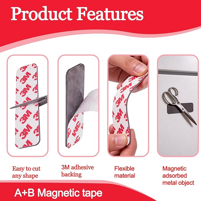 16Pack Magnetic Strip, Magnetic Tape with Adhesive Backing, Magnet Strips Heavy Duty (3" X 1") Strong Adhesive Magnetic Strips for DIY, Fridge, Whiteboard, Crafts, Signs, Cabinet（Rounded Corners）