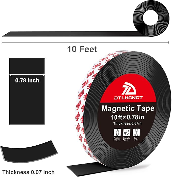 DTLHCNCT Magnetic Tape - 10 ft x 0.78 inch Magnet Strip Tape Roll with Strong Adhesive Backing Magnetic Strip for Kitchen, Office, School Organization, Whiteboards,Fridge(0.07" Thick)
