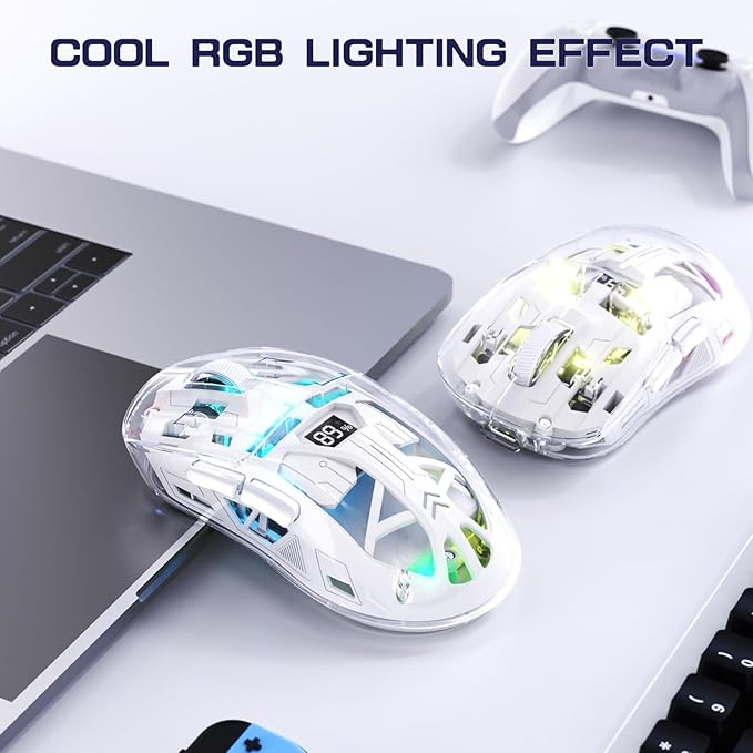 FREEWOLF A2 Transparent Wireless Gaming Mouse,Dual Mode BT 5.0/2.4G PC Gaming Mice,PixArt 3212 5 Adjustable DPI,Rechargeable Silent Mouse with Digital Screen,RGB Backlight Mouse for Win/Mac(White)