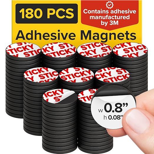 Peel-&-Stick Flexible Adhesive Magnets – 180 pcs (0.8"x0.08") Magnetic Dots for Office Supplies, Whiteboard, Crafts, Fridge, & School Projects