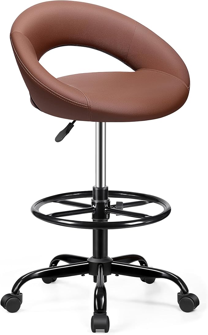 BESTFAIR Drafting Chair with Back, Height Adjustable Rolling Stool with Foot Rest, Tall 360° Swivel Stool PU Leather Chair with Wheels for Home Office, Standing Desk, Brown