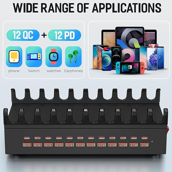 300W Charging Station for Multiple Devices, 24 Ports USB Fast Charging Station, Charger Station Organizer Compatible with Kindle, Phone, Tablet, iPad, Charger Station for Home, Office, School