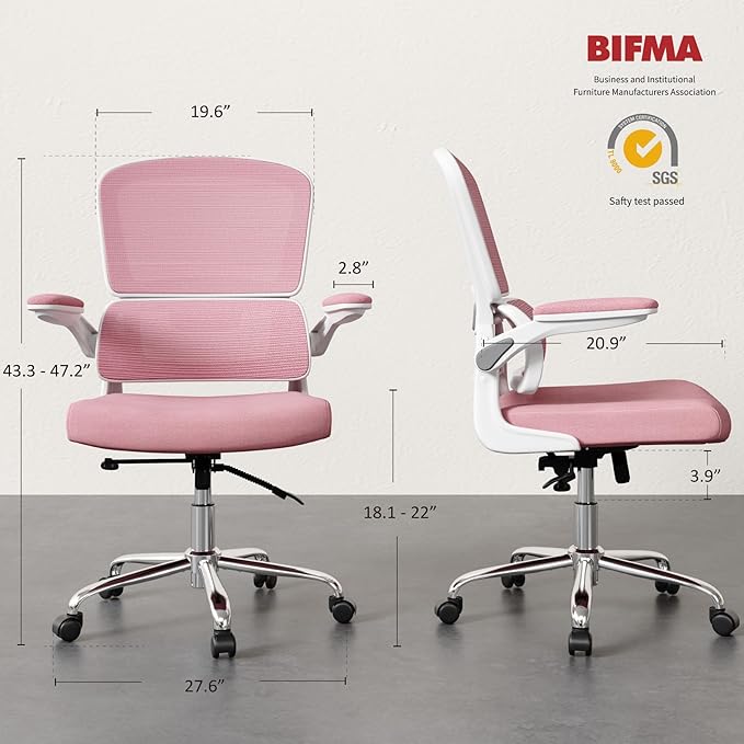 Office Chair, Ergonomic Desk Chair - Thick Cushion Adjustable Height Computer Chair with Lumbar Support and Flip-up Armrests, Pink Home Office Desk Chairs, Swivel Executive Task Chair…