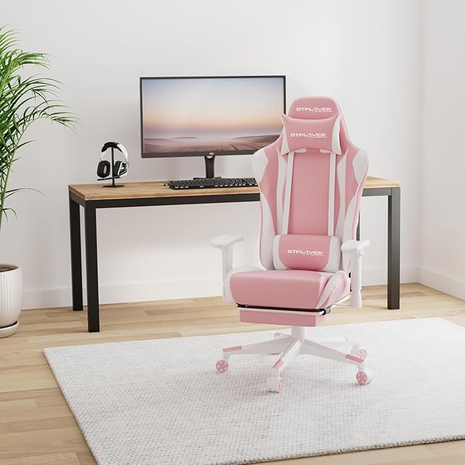GTPLAYER Gaming Chair with Footrest, Ergonomic Computer Game Desk Chair, Reclining Gamer Chair Seat Height Adjustment, Swivel Rocker with Headrest and Lumbar (Pink)