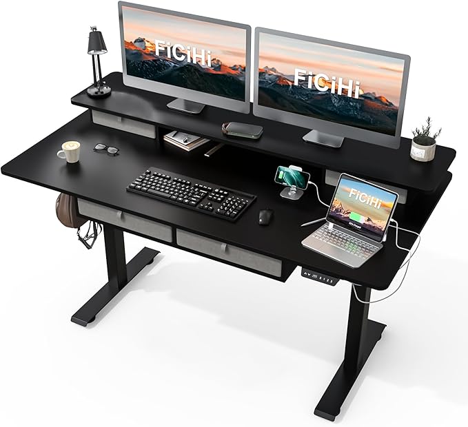 FiCiHi Adjustable Height Standing Desk with 4 Drawers,55 x 30 inches Electric Sit Stand Desk for Home Office,3 Memory Presets,Monitor Stand Riser,USB A/C Charging Port