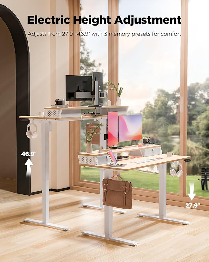FiCiHi 48x24 Inch Standing Desk with Drawers, C-Clamp Mount Compatible, Electric Adjustable Height Computer Stand Up Desks, Home Office Sit Stand Table with 3 Preset Heights, Maple