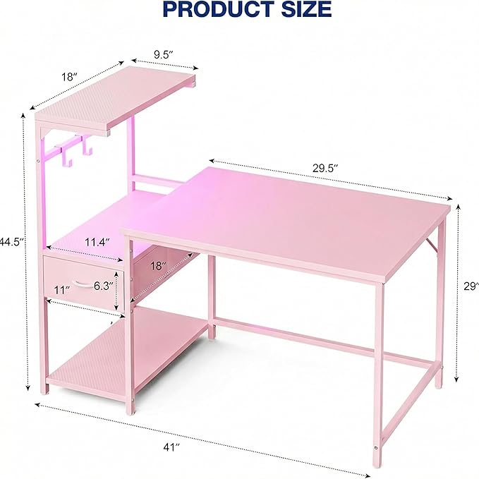 Grandder Gaming Desk 41 Inch with CPU Stand and LED Light, Computer Desk with Reversible Shelves and Storage Drawer, Pc Small Desk for Home Office Table with Bag, Pink