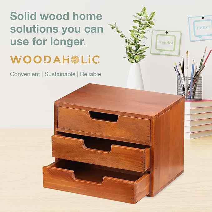 Triple Drawer Desktop Storage Organizer in Modern Wood Design (9.8”x6.9”x 7.5”) 3-Drawer Stackable Drawer Unit - Vanity Accessories Organizer (1-Pack)