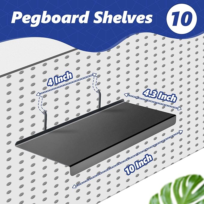 PEKGRIL 10x4.3 Inch Pegboard Shelves Set of 10, Metal Peg Board Shelves Accessories, Flat Display Shelves for Pegboard, Metal Retail Display for Storage and Organization, Black