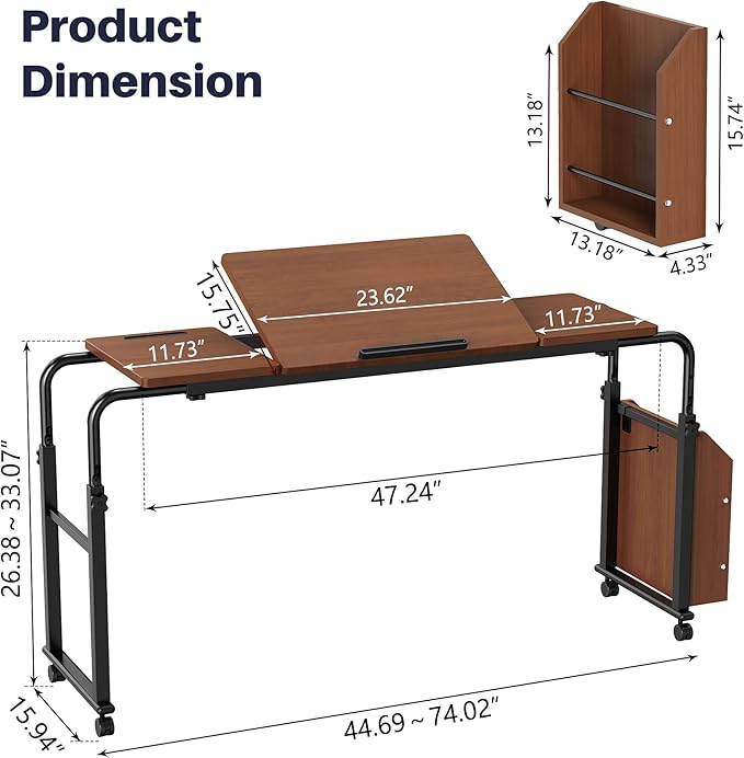 Overbed Table with Wheels, Tilting Overbed Desk Adjustable Height & Length, Queen Over Bed Table with Storage Cabinet, Rolling Laptop Desk for Bedroom, Living Room, Hospital (Brown, 47.24in)