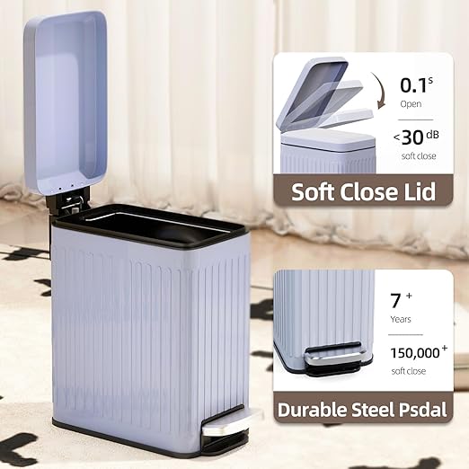 Slim Bathroom Trash Can with Lid Soft Close, 1.6 Gallon Stainless Steel Garbage Can with Removable Inner Bucket, Durable Step Pedal, Small Trash Bins for Toilet, Bedroom, Kitchen, Grey