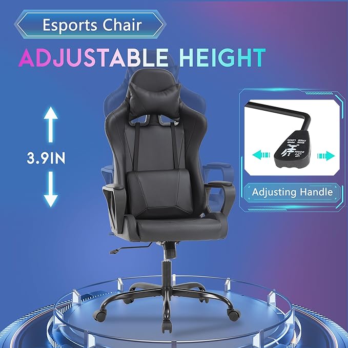 PayLessHere Ergonomic Racing Desk Chair Gaming Chair Computer Chair with Armrests 360° Swivel & Caster Pu Desk Task Chair Executive Headrest Lumbar Support for Back Pain Women Men and Adults (Black)