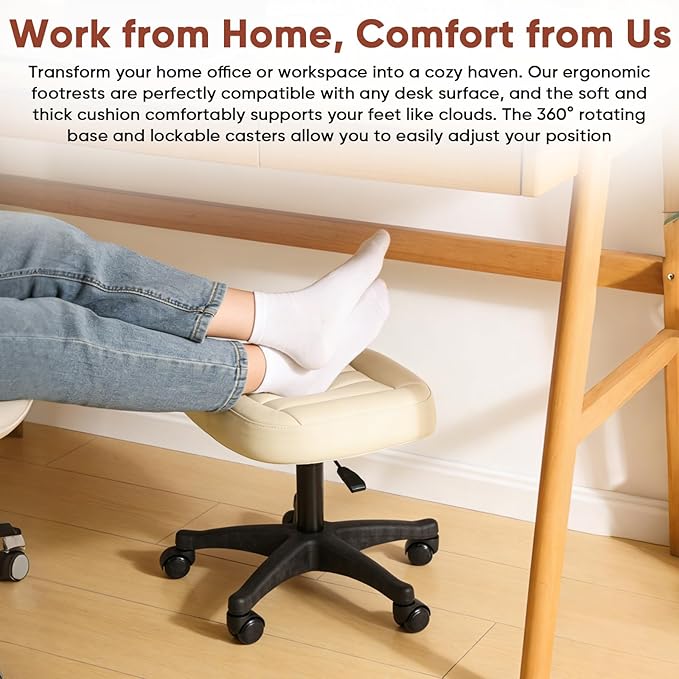 Height Adjustable Foot Stool,Large Seat Under Desk Footrest,Swivel Rolling Chair Sturdy Wheels,Ottoman Stool Simple Meeting Chair for Home Office,Creamywhite