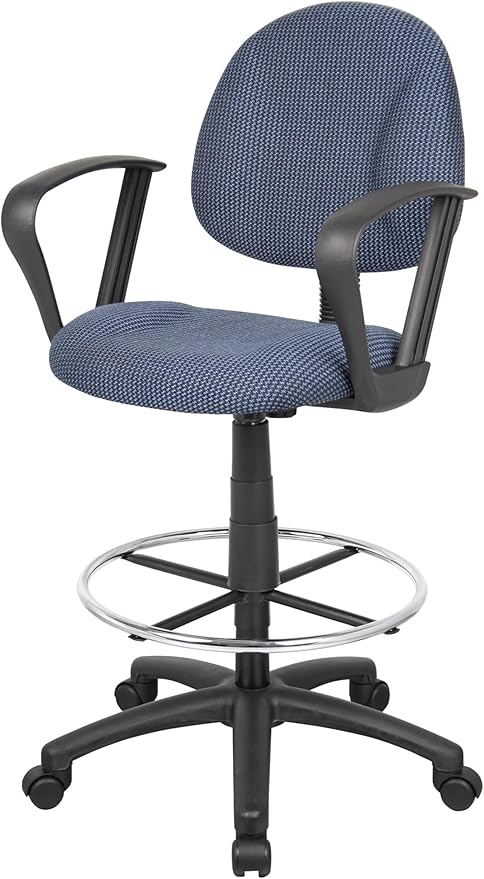 BOWERY HILL Contemporary Fabric Drafting Stool, Blue Tweed Upholstery, Adjustable Loop Arms, Pneumatic Seat Height, Chrome Footrest, Nylon Base, Dual Wheel Casters, Ergonomic Office Chair
