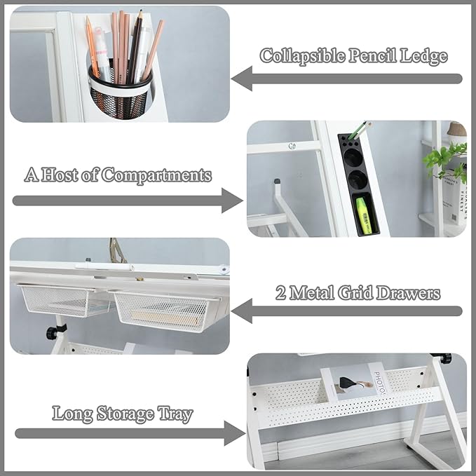 Drafting Table for Artists, Height Adjustable Glass Drawing Table with Stool, Ergonomic Art Table with 0-75° Tilting Tabletop and More Storage for Home Office, Type 1-White