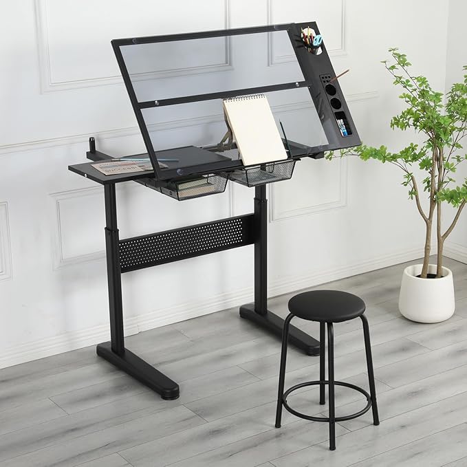 Adjustable Height Drafting Table with Storage Drawers & Stool for Adults, Glass Art Desk with Side Storage Strips, Drawing Table with Tilted Tabletop for Art Office Study (Black+Glass B)