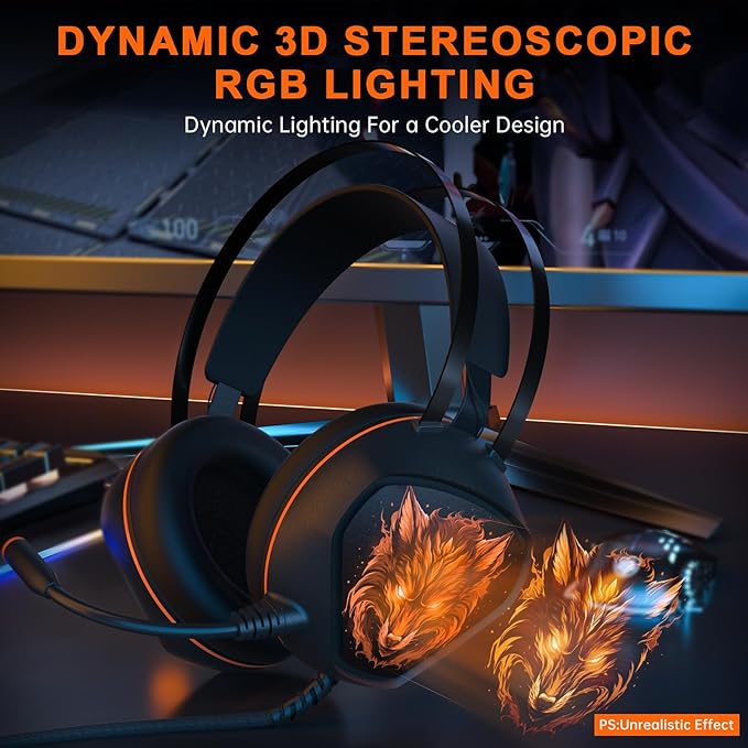 Gaming Headset for Xbox Series X/S, Xbox One, PS5, PS4, PC with 7.1 Surround Sound, Wired Gaming Headphone with Noise Cancelling Mic, Dynamic RGB Light for Xbox Controller, Switch (Black Orange)
