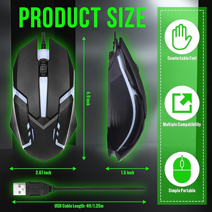 Sratte 30 Pack Black USB Wired Mouse Bulk 1200 DPI RGB Optical Computer Mouse 3 Button 7 Color LED Backlit Wired Ergonomic USB for Gaming Office Desktop Laptop Gamer Computer