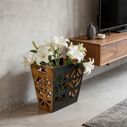 Wood Office Trash Can,Retro Bedroom Trash Can Decorative Bathroom Waste Basket with Handle Small Paper Wastebasket Rectangular Reclaimed Iron and Wood Storage Basket
