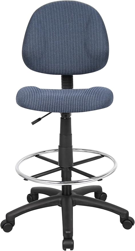 BOWERY HILL Rolling Drafting Stool, Blue Tweed Fabric Upholstery, Contoured Seat and Back, Adjustable Height 26.5-31.5 in, Chrome Foot Ring, 250 lb Capacity, Dual Wheel Casters, Home or Office Use