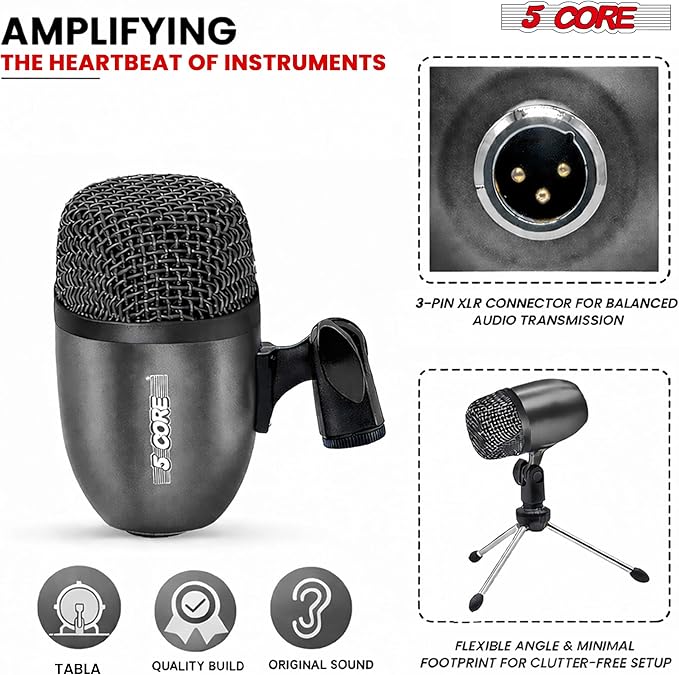 5 CORE Tabla Mic Indian Instrument Microphone Set for Bayan & Dayan Dholak Uni-Directional Mridangam Microfono for Recording Live Stage Temple & Classroom - Tabla MIC BLK