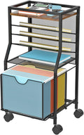 BOHDK Rolling File Cart, 6-Tier Desk File Organizer on Lockable Wheels, Brown Wood Planks & Mesh Sliding Hanging Folder Drawer, Organization Cart for Office Home School