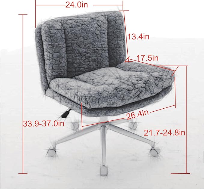 Goujxcy Desk Chair with Thickened seat Cushion, Modern Faux Fur Upholstered Home Office Chair, 360° Swivel Armless Desk Chairs, 120°Rocking Ergonomic Computer Task Vanity Chairs, Pink