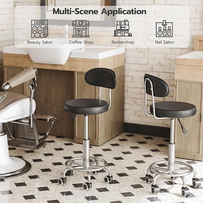 HOOBRO Height Adjustable Rolling Stool, 360° Rotating Drafting Chair, Multi-Purpose Office Desk Chair, Rolling Swivel Salon Stool Chair, for Barber Shop, Nail Salon, Office, Black SB01BY01G1