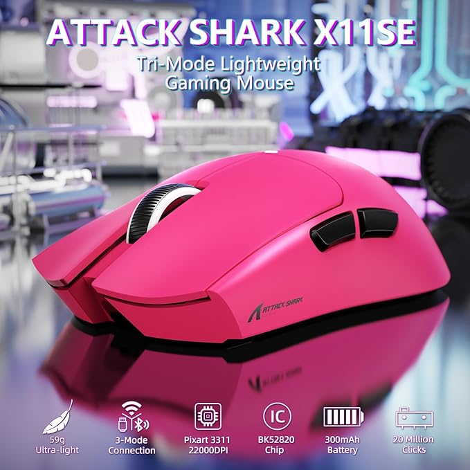 MAMBASNAKE Attack Shark X11SE Lightweight Wireless Gaming Mouse, Tri-Mode 2.4G/USB-C Wired/BT, 22K DPI, PAW3311 Optical Sensor, 59g, 5 Programmable Buttons, 300mAh Battery for PC/Mac((Berry Red)
