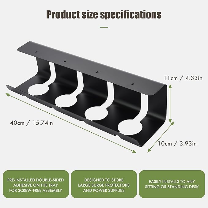 Desktop Metal Cable Management Tray 40x10x11cm - Multipurpose, Movable, No-Assembly Organizer - Modern Minimalist for Office Desks (Black)