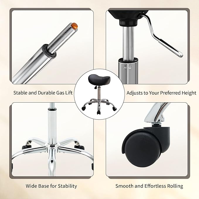 FIRAVOE Saddle Stool, Swivel Saddle Stools with Wheels, Adjustable Rolling Stool 18"-26", Faux Leather Rolling Saddle Stool for Salon, Massage, Clinic, Lab, Office (Black, 1PCS (18"-26"))