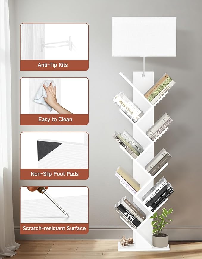 9 Tier Tree Bookshelf with Light, Remote & Timer, Dimmable Tall Floor Book Shelf, Narrow Wood Bookcase, Small Book Organizer Shelves for Living Room, Bedroom, Home Office (White)