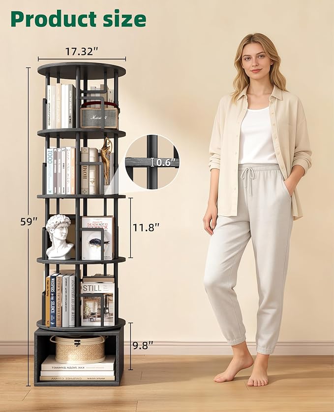 Kalrin 5 Tier Rotating Bookshelf with Extra Storage Cabinet, 360°Spinning Corner Bookshelf, Floor Standing Bookcase for Kids & Adult, Narrow Book Shelf for Bedroom Living Room, Pure Black