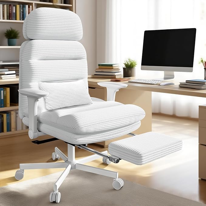 GXJ Criss Cross Chair with Flip-up Arms, Executive Office Chair with Foot Rest, Swivel Cross Legged Office Chair with Lumbar Pillow&Headrest, Corduroy Comfy Computer Desk Chair for Home, White