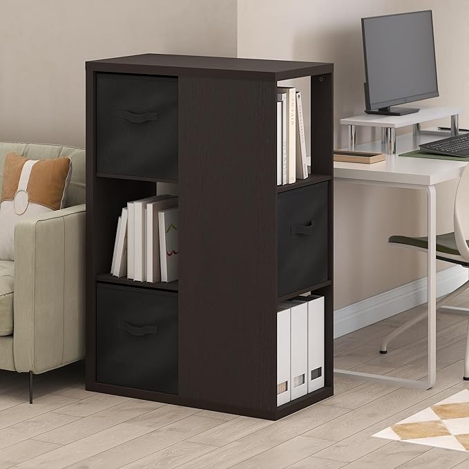 Furinno Viola Book Shelf, 3-Tier Bookshelf, Cube Storage Organizer Bookcase with Open Shelf, with Storage Bins, 13.6 x 29.3 x 43.8, for Living Room, Bedroom, Home Office, Dark Oak/Black