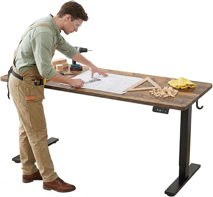 TIQLAB Electric Adjustable Sewing Table, 63"x24" Workbench Adjustable Height, Ergonomic Worktable for Garage, Craft Desk, Spacious Desk for Sewing and Crafts, Rustic Brown