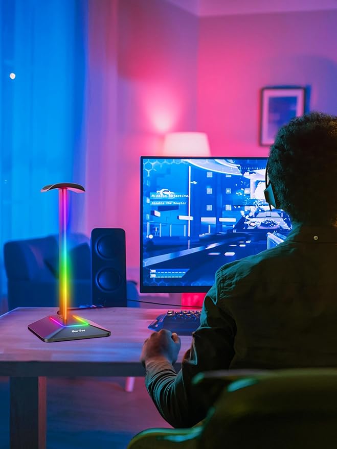 New bee RGB Headphone Stand Desk Gaming Headset Holder with 7 Light Modes and Non-Slip Rubber Base Suitable for All Earphone Accessories(Black)