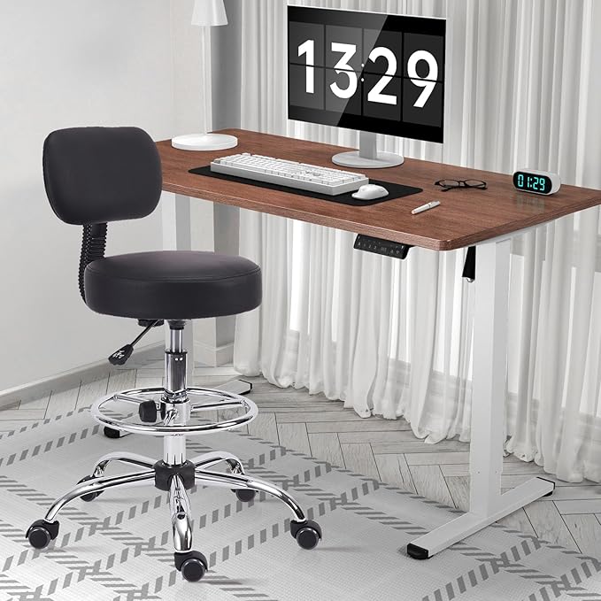 KLASIKA Drafting Chair with Backrest, Adjustable Foot Rest Height Rolling Stool with Wheels, Leather Swivel Work Shop Office Stools Chairs, Thick Seat Cushion Tall Kitchen Home Bar Stool - Black