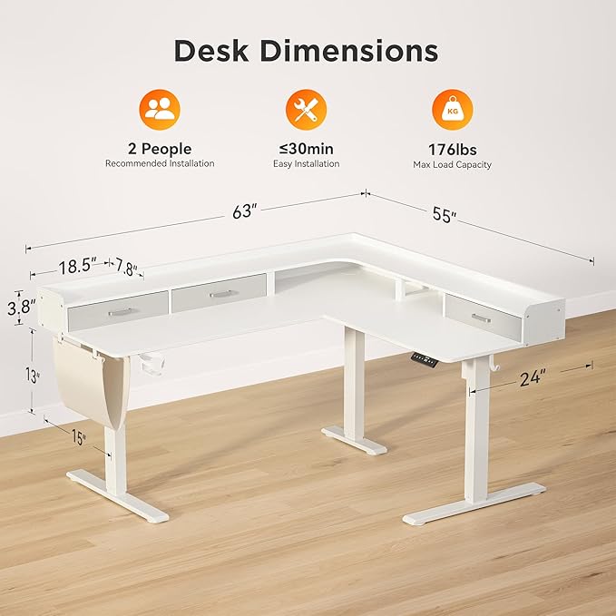 WALKINGDESK 63 Inches Height Adjustable L Shaped Standing Desk with 3 Drawers and Monitor Shelf, Electric Sit to Stand Home Office Comupter Table, Ergonomic Corner Gaming Desk, White