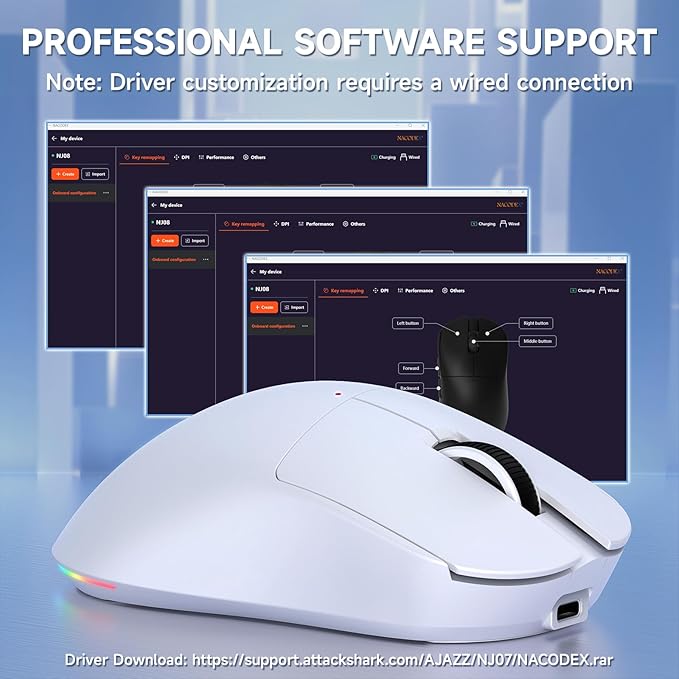 AJAZZ NJ08 Wireless Gaming Mouse 70g Lightweight, 12800 DPI, RGB Strip, 3-Mode Connection 2.4G/Bluetooth/Wired, 1000Hz Polling Rate, Ergonomic Right-Handed Design for PC, Mac, Windows, Laptop (White)